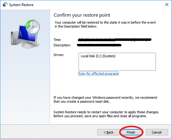 Confirm your Windows restore point