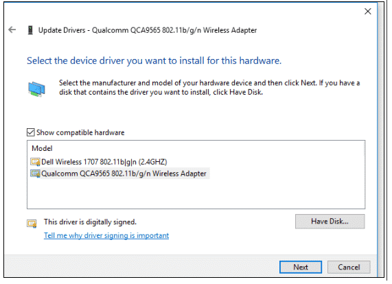 Select device driver to install your hardware