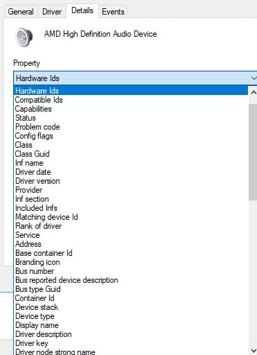 Hardware Ids from the Property dropdown