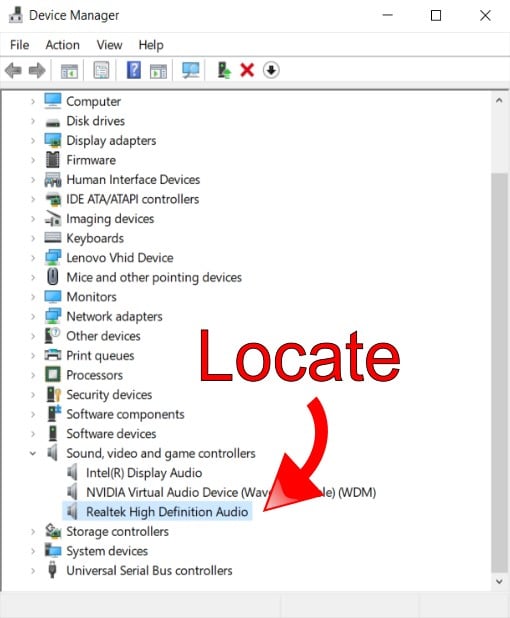 Locate Realtek High Definition Audio Device