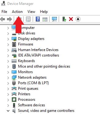 At the top of your Device Manager, select the Action menu option