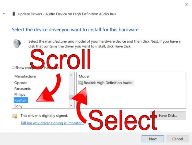 Select Realtek High Definition Audio from List