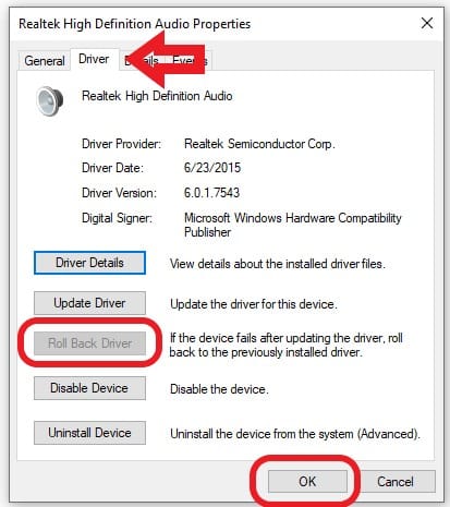 Driver tab Driver tab