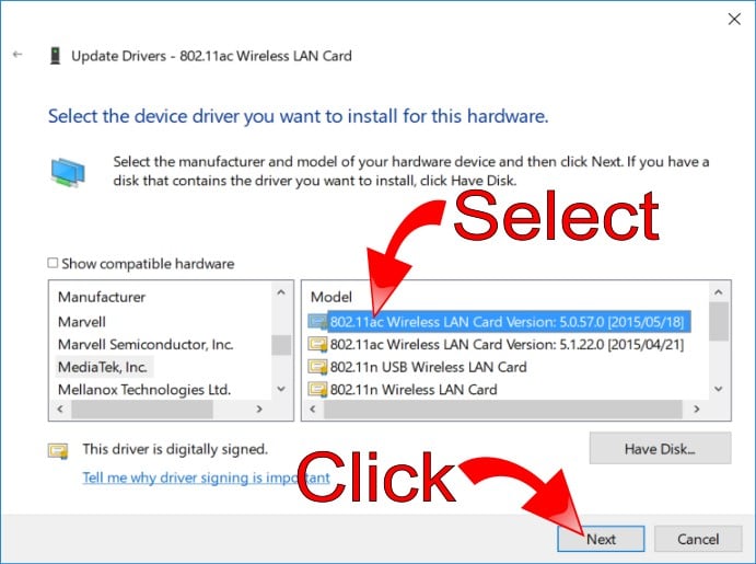 Select MediaTek Wireless Drivers Version
