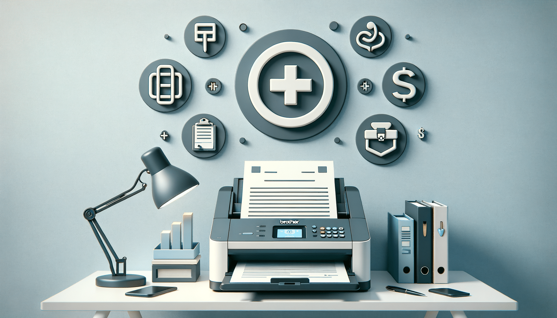Minimalistic illustration of Brother ADS-2700W scanner in diverse professional settings like healthcare and education